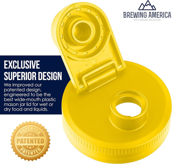 Mason Jar Lids Wide Mouth Plastic 4 Pack Leak Proof with Flip Cap Pouring Spout & Drink Hole - Yellow Accessories Brewing America