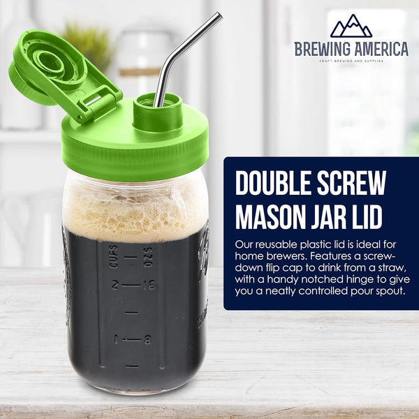 Mason Jar Lids Wide Mouth Plastic 4 Pack Leak Proof with Flip Cap Pouring Spout & Drink Hole - Lime Green Accessories Brewing America