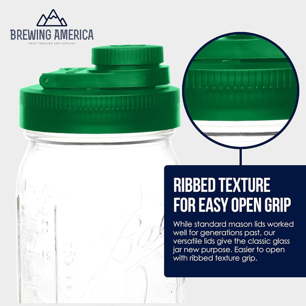 Mason Jar Lids Wide Mouth Plastic 4 Pack Leak Proof with Flip Cap Pouring Spout & Drink Hole - Tractor Green Accessories Brewing America