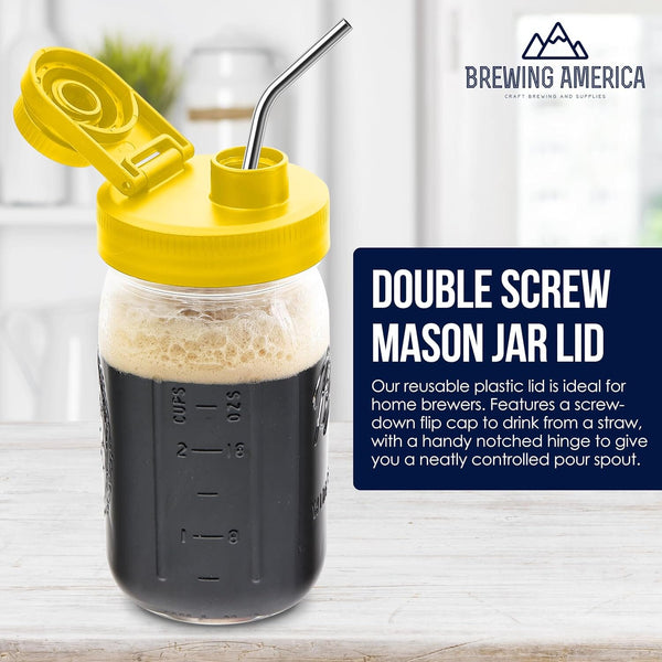 Mason Jar Lids Wide Mouth Plastic 4 Pack Leak Proof with Flip Cap Pouring Spout & Drink Hole - Yellow Accessories Brewing America