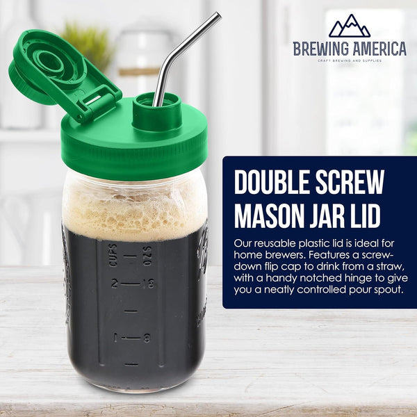 Mason Jar Lids Wide Mouth Plastic 4 Pack Leak Proof with Flip Cap Pouring Spout & Drink Hole - Tractor Green Accessories Brewing America