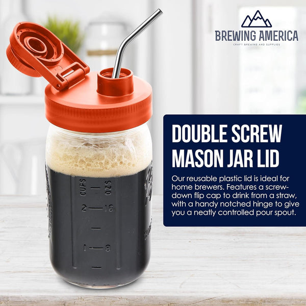 Mason Jar Lids Wide Mouth Plastic 4 Pack Leak Proof with Flip Cap Pouring Spout & Drink Hole - Orange Accessories Brewing America