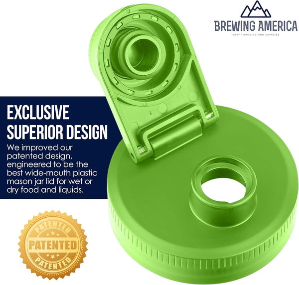 Mason Jar Lids Wide Mouth Plastic 4 Pack Leak Proof with Flip Cap Pouring Spout & Drink Hole - Lime Green Accessories Brewing America