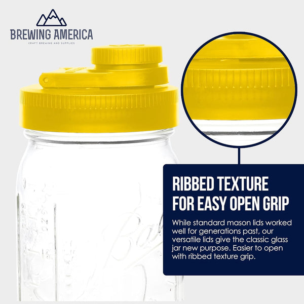 Mason Jar Lids Wide Mouth Plastic 4 Pack Leak Proof with Flip Cap Pouring Spout & Drink Hole - Yellow Accessories Brewing America