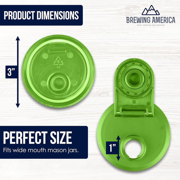 Mason Jar Lids Wide Mouth Plastic 4 Pack Leak Proof with Flip Cap Pouring Spout & Drink Hole - Lime Green Accessories Brewing America