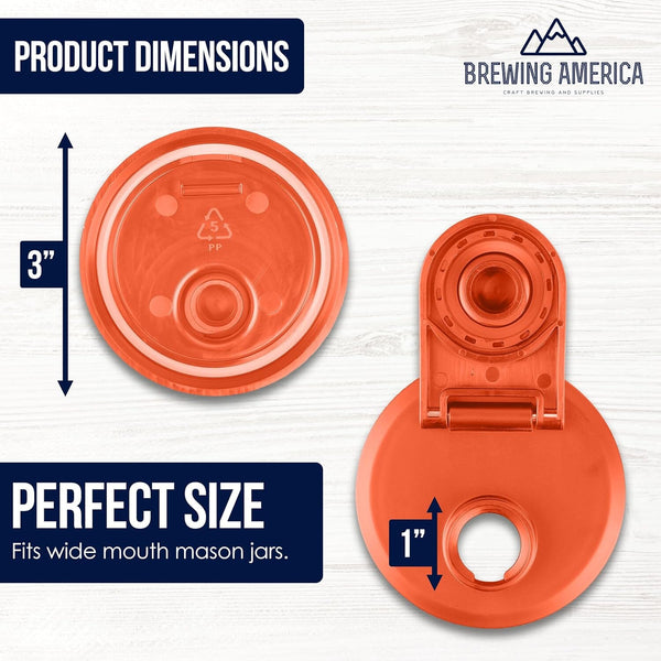 Mason Jar Lids Wide Mouth Plastic 4 Pack Leak Proof with Flip Cap Pouring Spout & Drink Hole - Orange Accessories Brewing America