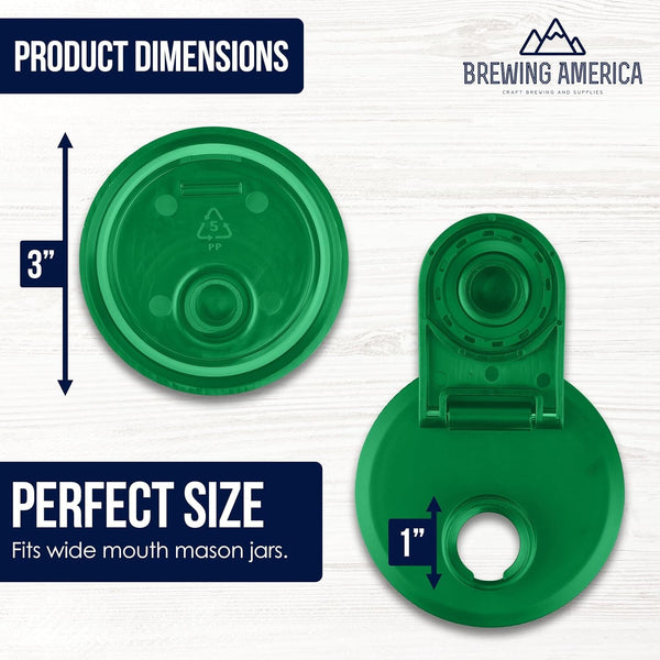 Mason Jar Lids Wide Mouth Plastic 4 Pack Leak Proof with Flip Cap Pouring Spout & Drink Hole - Tractor Green Accessories Brewing America