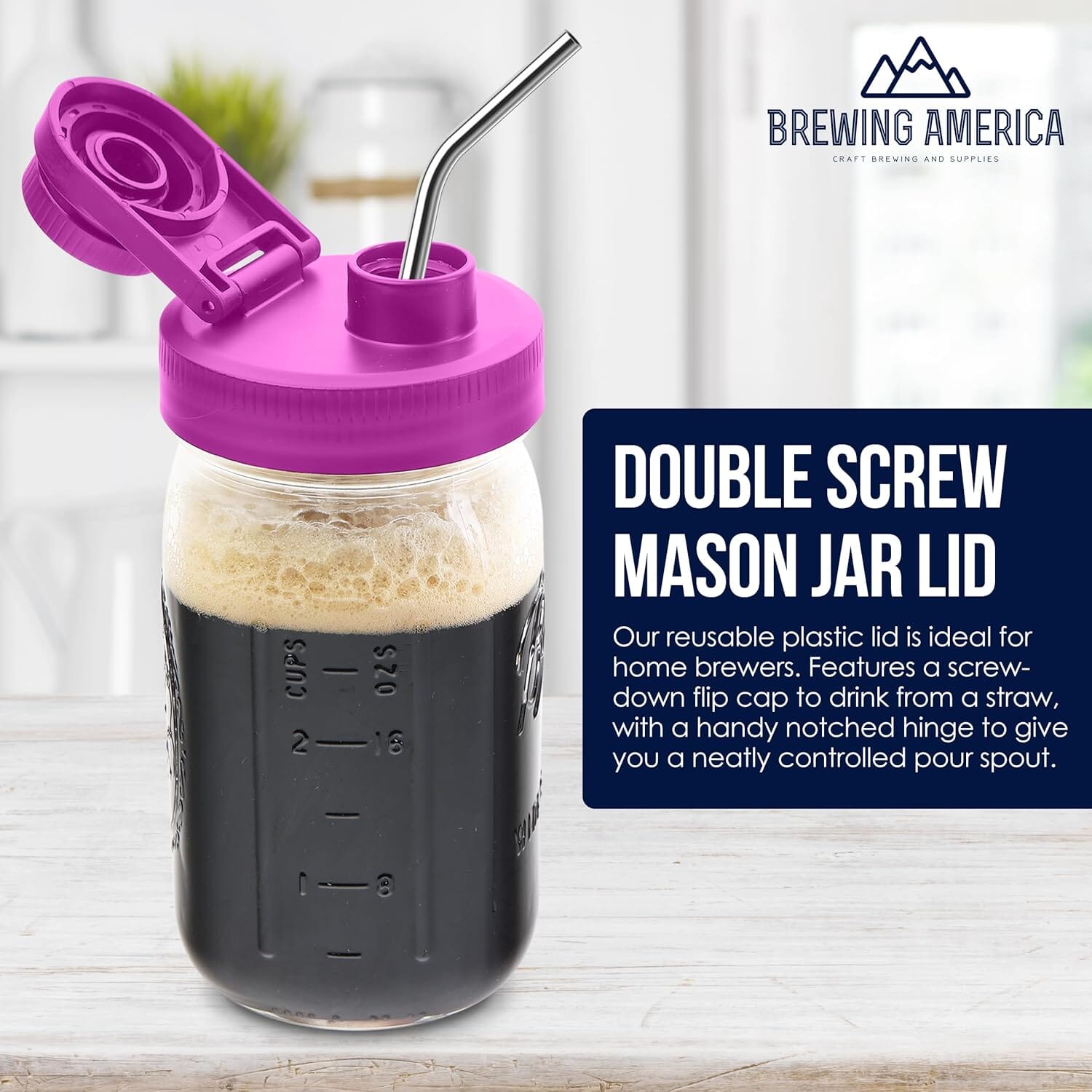 Mason Jar Lids Wide Mouth Plastic 4 Pack Leak Proof with Flip Cap Pouring Spout & Drink Hole - Very Berry Accessories Brewing America