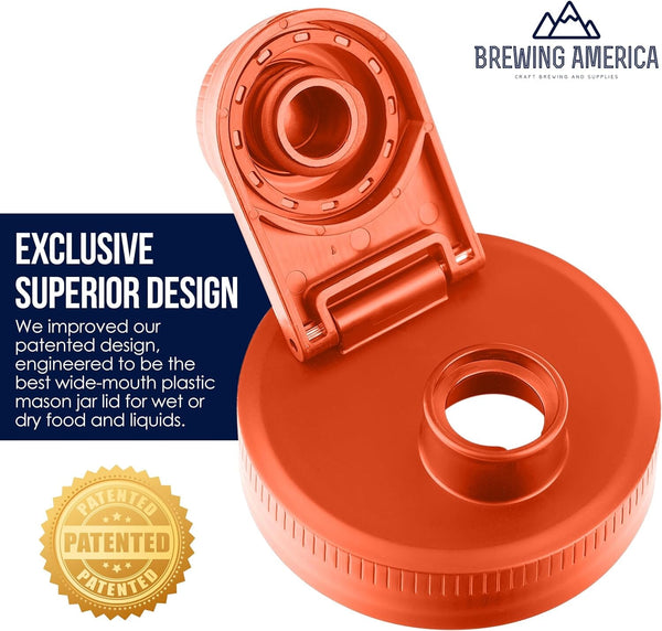 Mason Jar Lids Wide Mouth Plastic 4 Pack Leak Proof with Flip Cap Pouring Spout & Drink Hole - Orange Accessories Brewing America