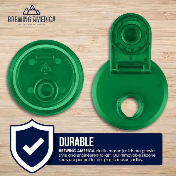 Mason Jar Lids Wide Mouth Plastic 4 Pack Leak Proof with Flip Cap Pouring Spout & Drink Hole - Tractor Green Accessories Brewing America