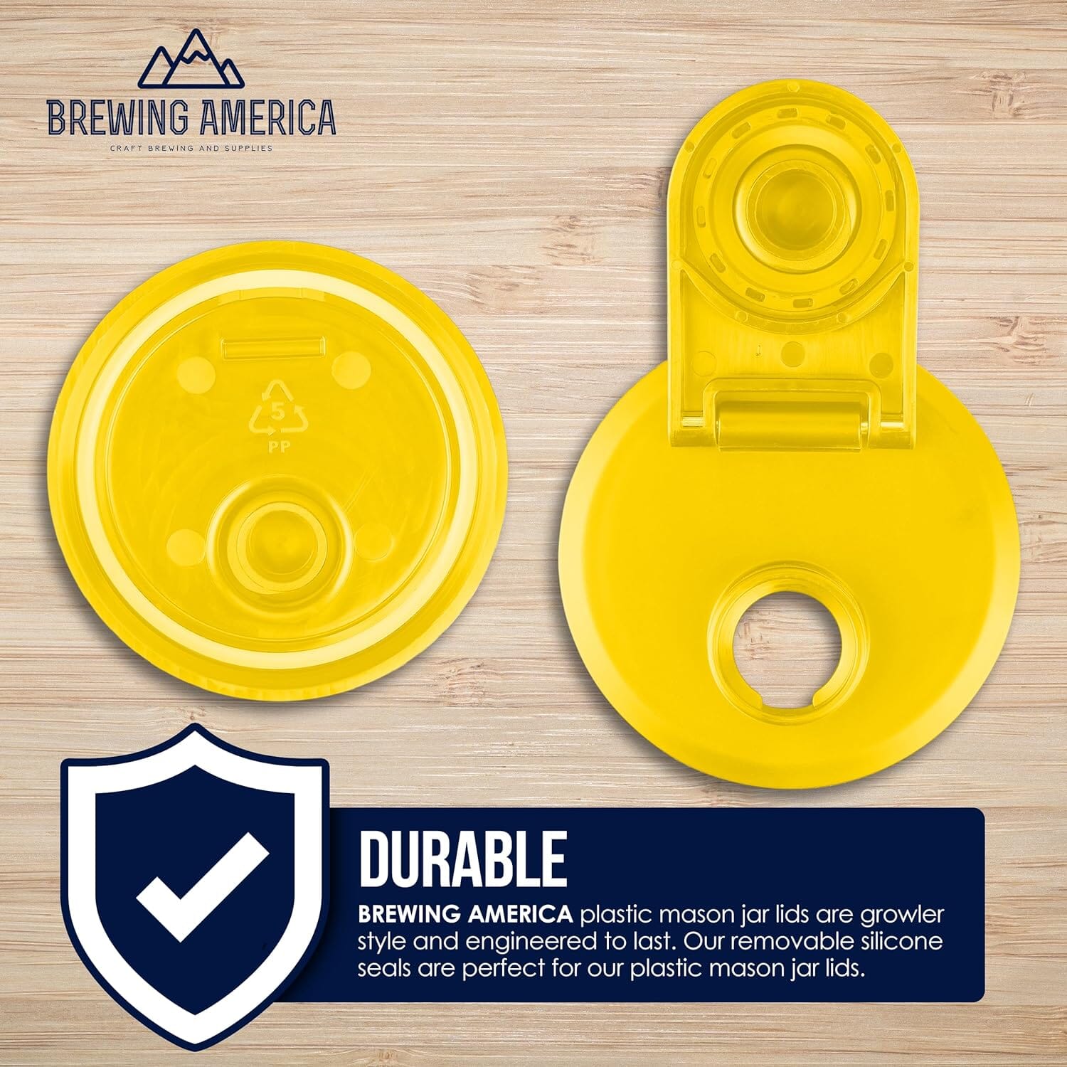 Mason Jar Lids Wide Mouth Plastic 4 Pack Leak Proof with Flip Cap Pouring Spout & Drink Hole - Yellow Accessories Brewing America