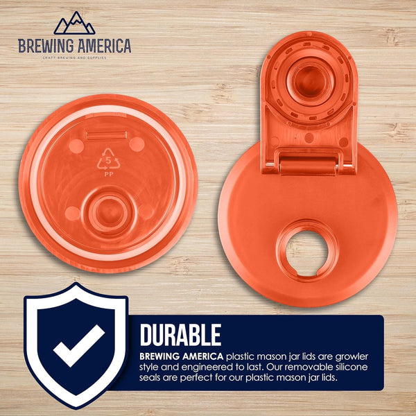 Mason Jar Lids Wide Mouth Plastic 4 Pack Leak Proof with Flip Cap Pouring Spout & Drink Hole - Orange Accessories Brewing America