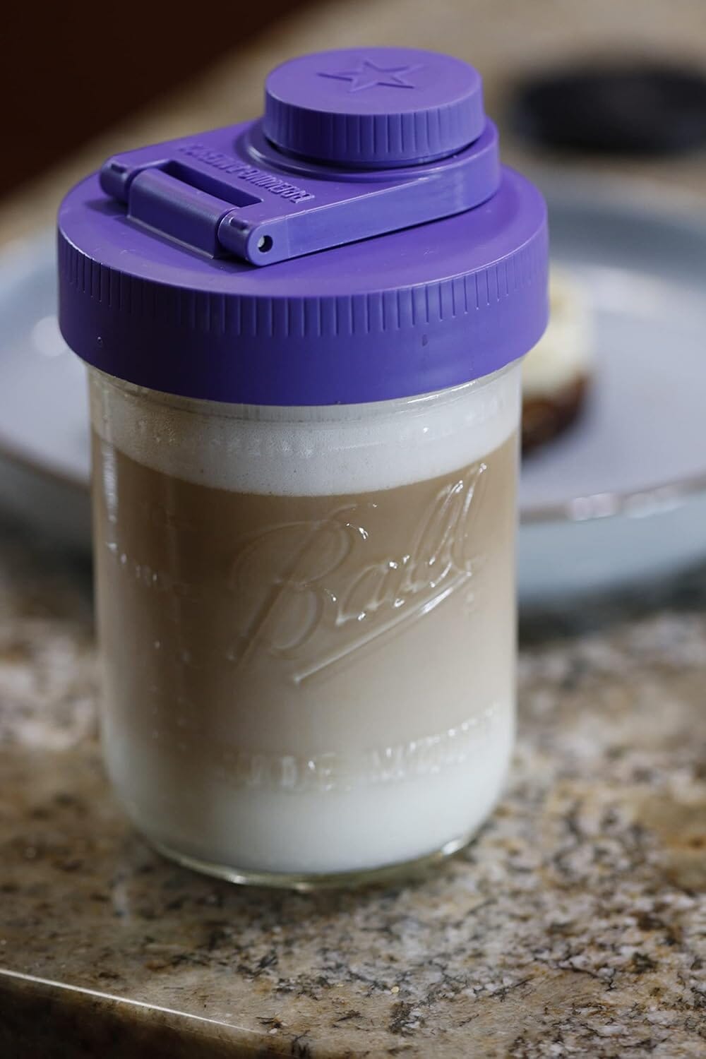 Glass Creamer Jar with Pouring Lid, 1 Pint (16 oz) Wide Mouth Azure Standard Mason Jar with Violet Purple Pour Lid, for Milk, Sugar, and Cream, 1-Pack Serving Pitchers & Carafes Brewing America