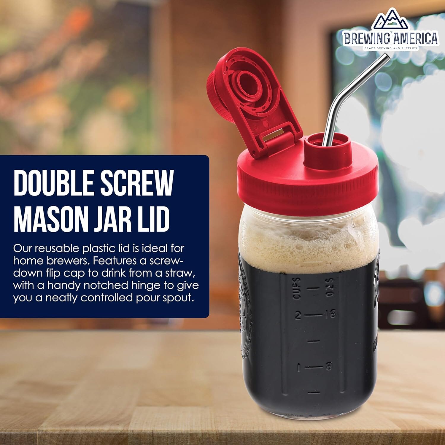 Glass Mason Jar Pitcher with Lid - Ball Jar, 1 Quart (32 oz) with Red Wide Mouth Mason Jar Pour Lid Serving Pitchers & Carafes Brewing America