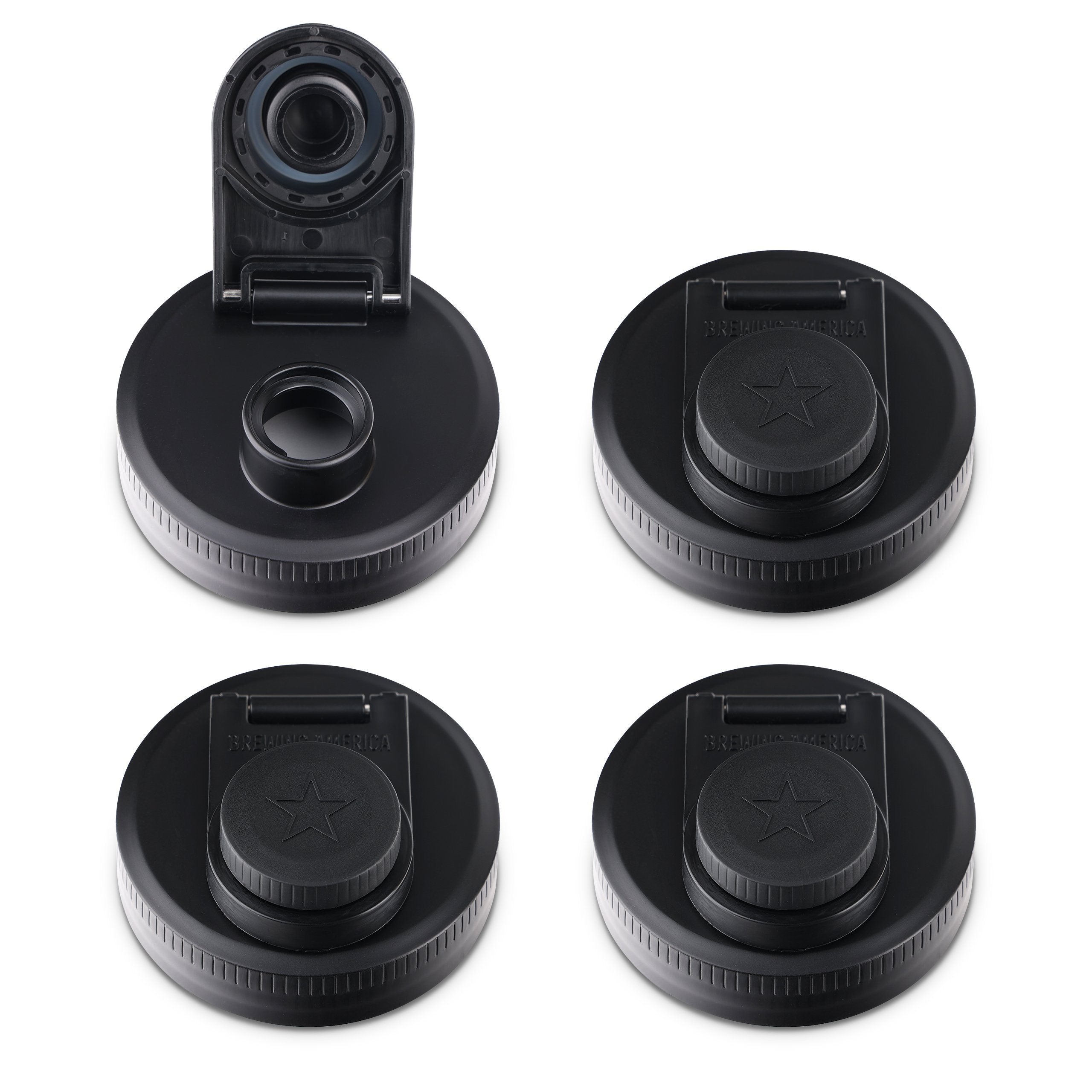 Mason Jar Lids Wide Mouth Plastic 4 Pack Leak Proof with Flip Cap Pouring Spout & Drink Hole Black Accessories Brewing America