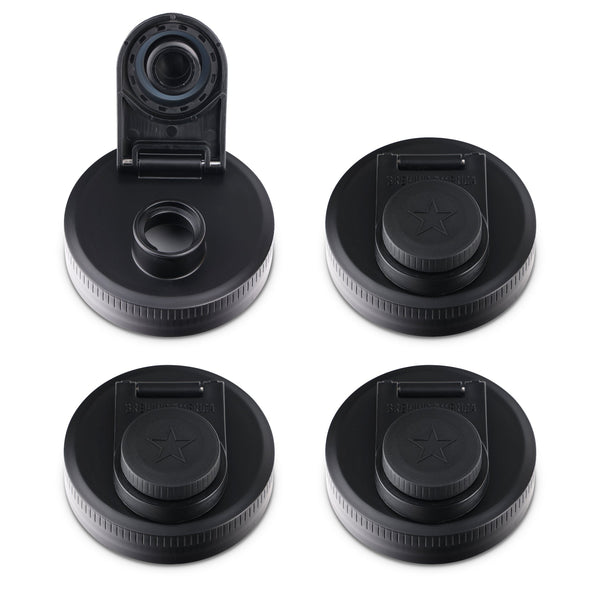 Mason Jar Lids Wide Mouth Plastic 4 Pack Leak Proof with Flip Cap Pouring Spout & Drink Hole Black Accessories Brewing America