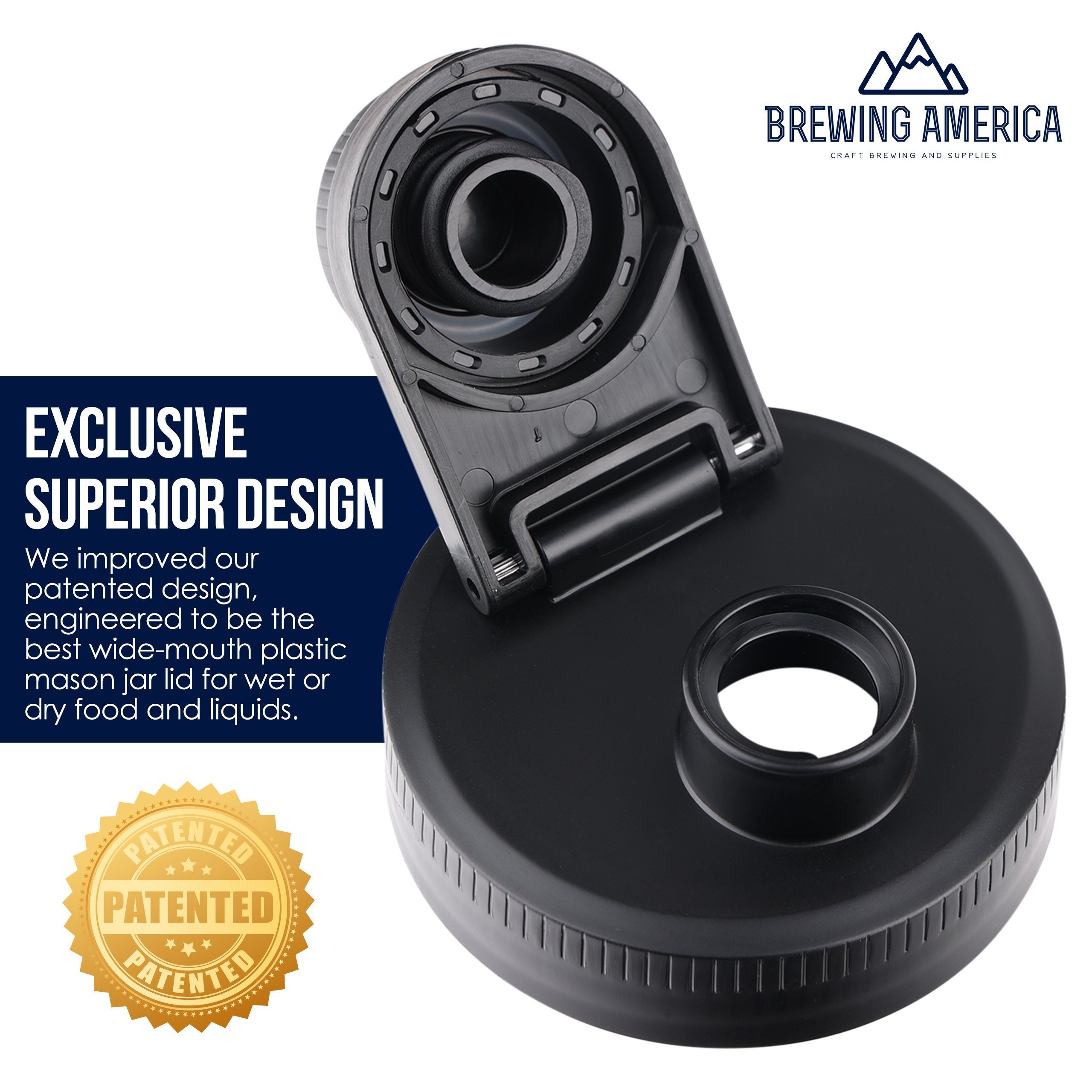 Mason Jar Lids Wide Mouth Plastic 4 Pack Leak Proof with Flip Cap Pouring Spout & Drink Hole Black Accessories Brewing America