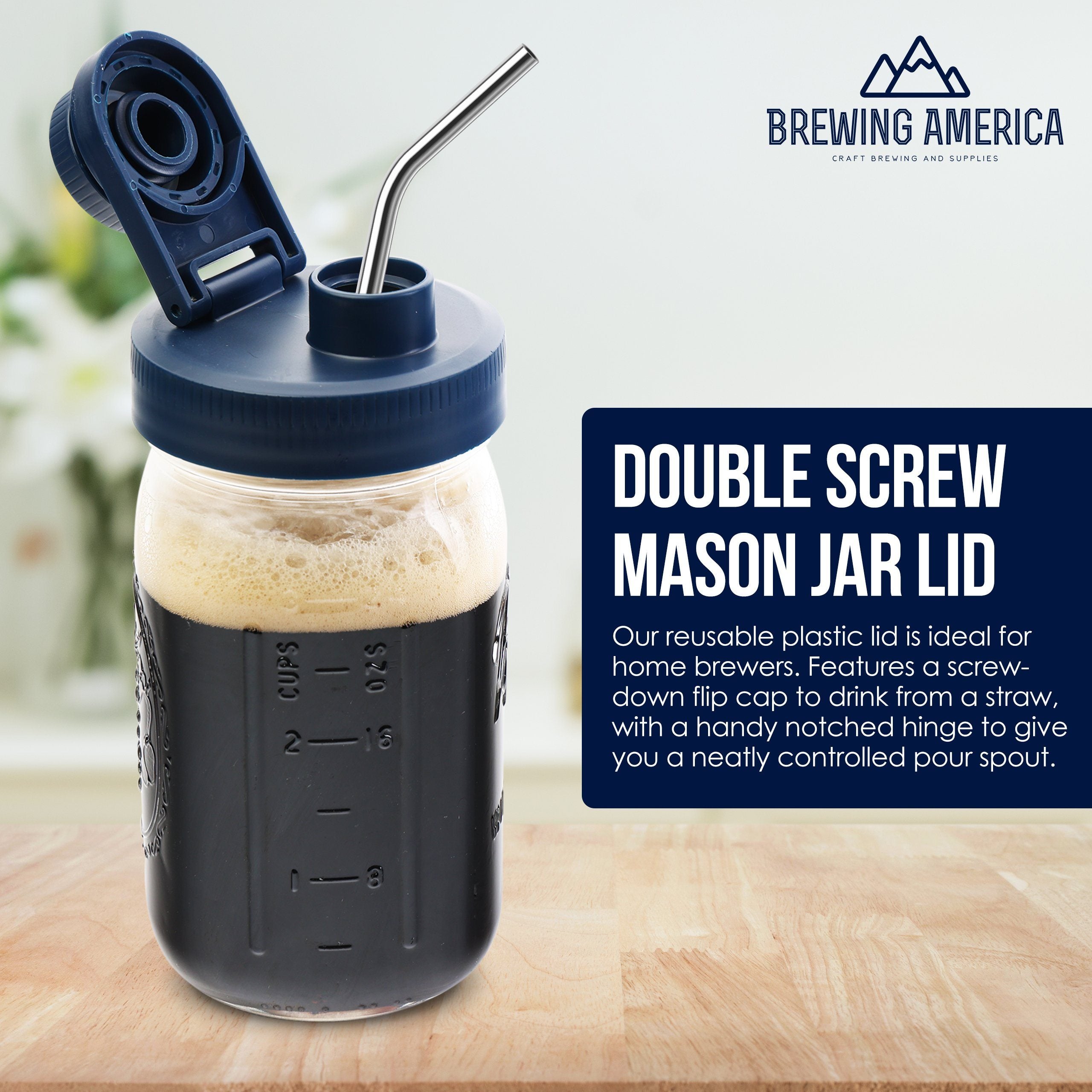 Mason Jar Lids Wide Mouth Plastic 4 Pack Leak Proof with Flip Cap Pouring Spout & Drink Hole Old Glory Blue Accessories Brewing America