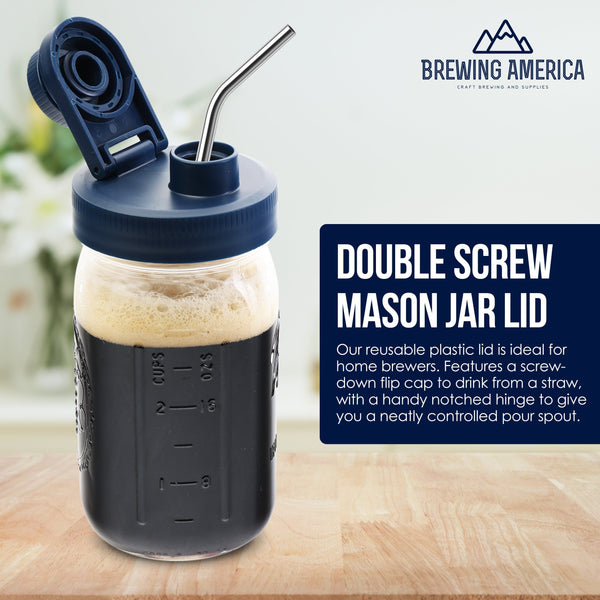 Mason Jar Lids Wide Mouth Plastic 4 Pack Leak Proof with Flip Cap Pouring Spout & Drink Hole Old Glory Blue Accessories Brewing America