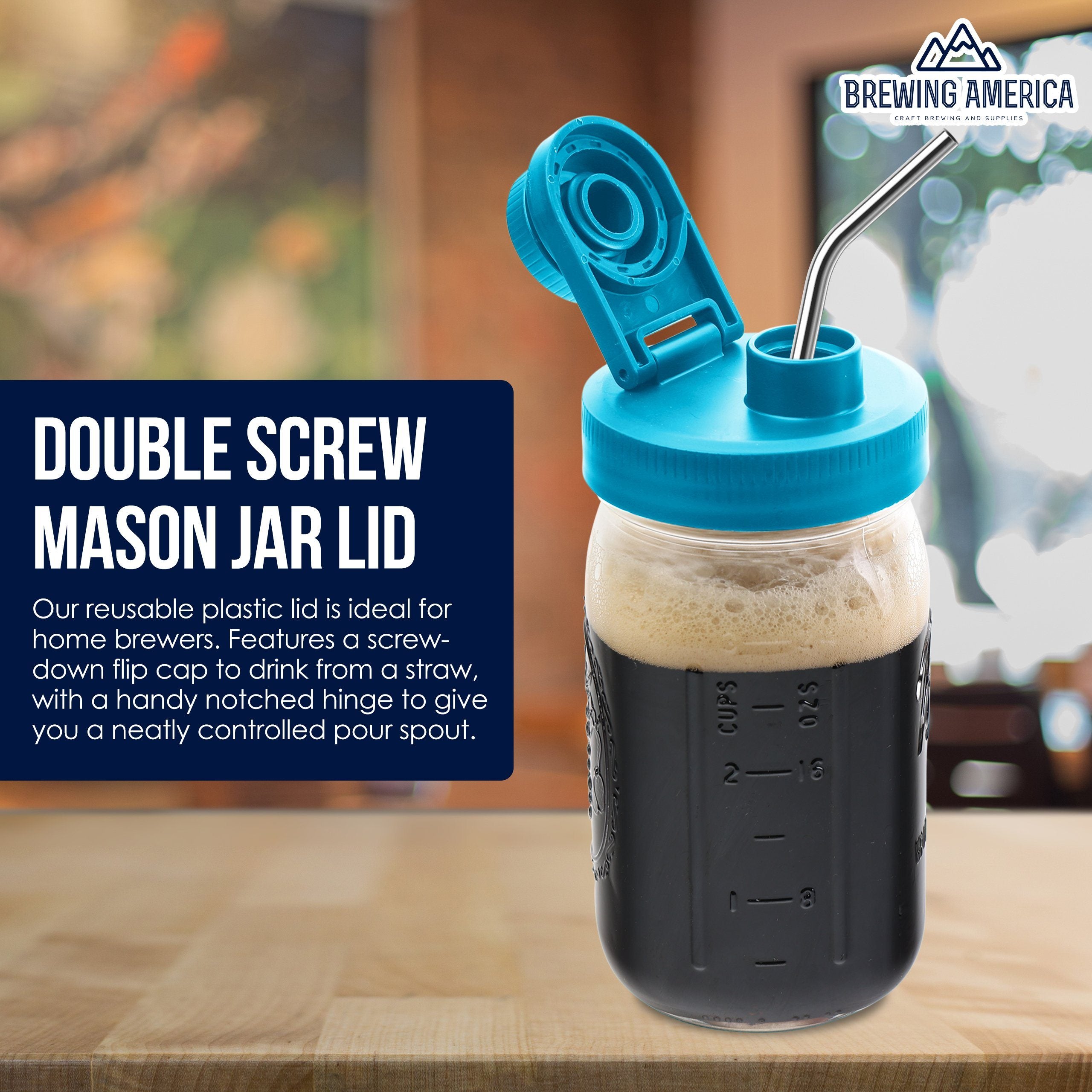 Mason Jar Lids Wide Mouth Plastic 4 Pack Leak Proof with Flip Cap Pouring Spout & Drink Hole Teal Accessories Brewing America