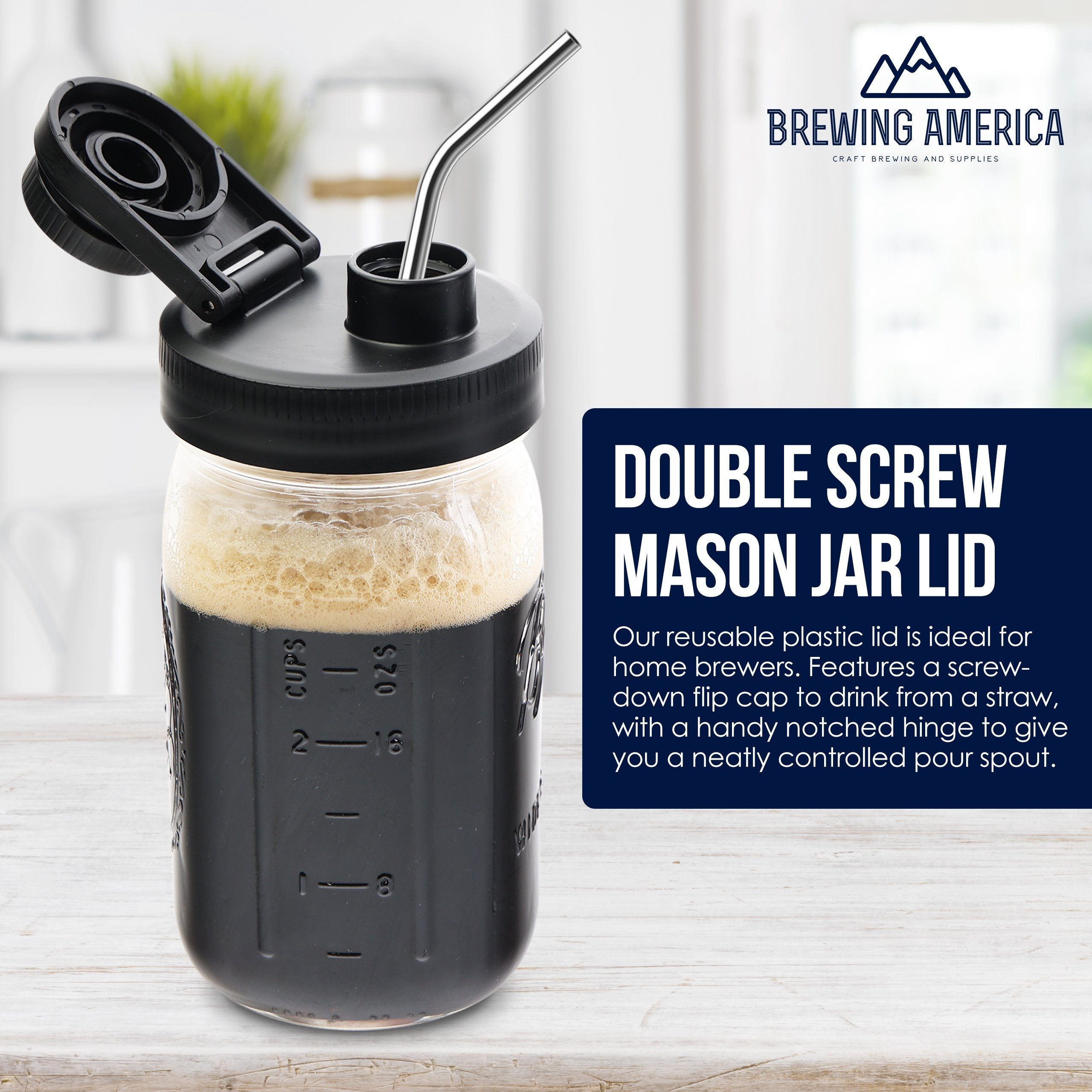 Mason Jar Lids Wide Mouth Plastic 4 Pack Leak Proof with Flip Cap Pouring Spout & Drink Hole Black Accessories Brewing America