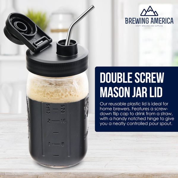 Mason Jar Lids Wide Mouth Plastic 4 Pack Leak Proof with Flip Cap Pouring Spout & Drink Hole Black Accessories Brewing America