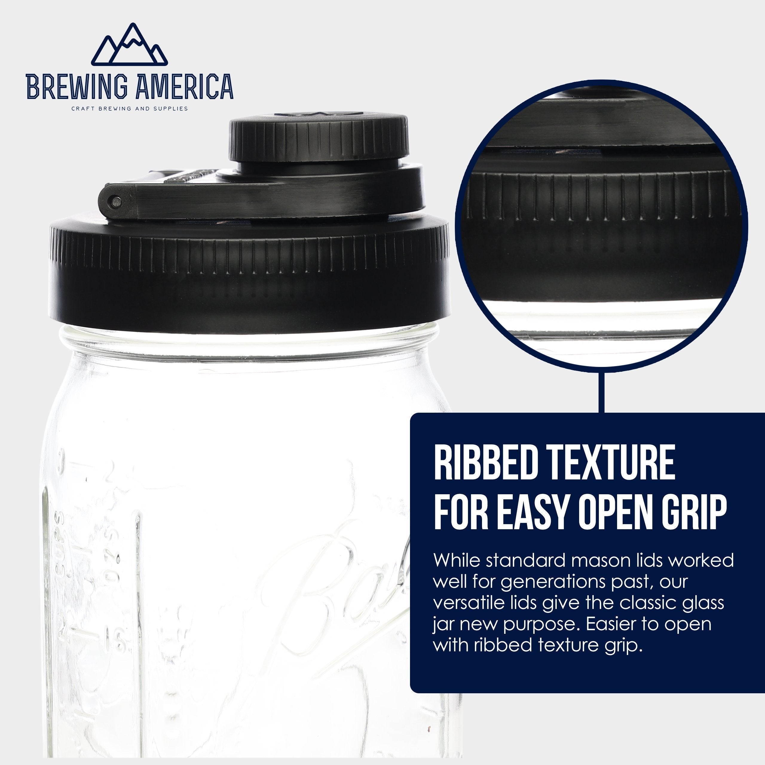 Mason Jar Lids Wide Mouth Plastic 4 Pack Leak Proof with Flip Cap Pouring Spout & Drink Hole Black Accessories Brewing America