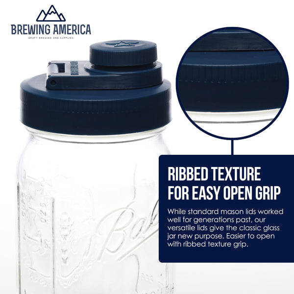 Mason Jar Lids Wide Mouth Plastic 4 Pack Leak Proof with Flip Cap Pouring Spout & Drink Hole Old Glory Blue Accessories Brewing America