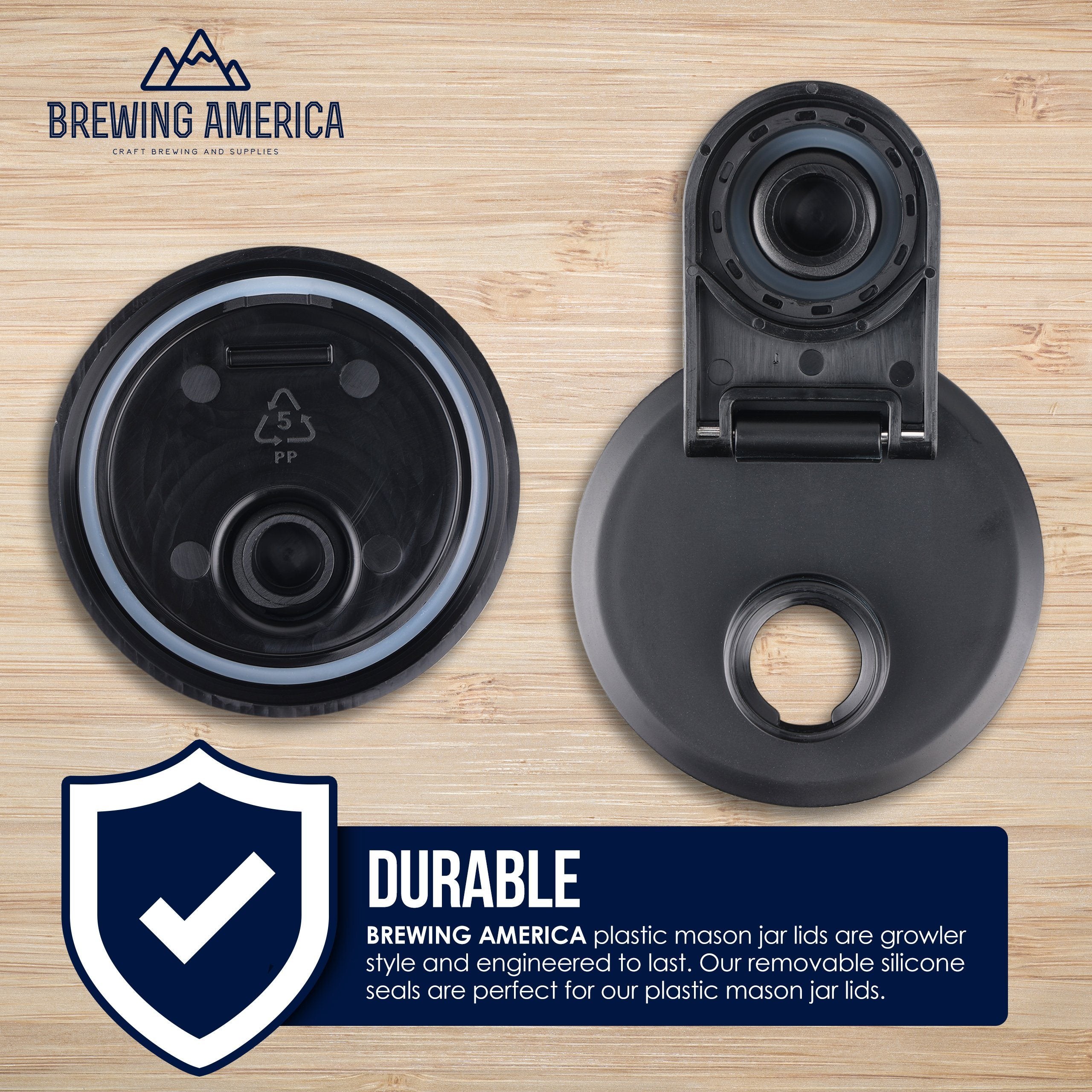 Mason Jar Lids Wide Mouth Plastic 4 Pack Leak Proof with Flip Cap Pouring Spout & Drink Hole Black Accessories Brewing America