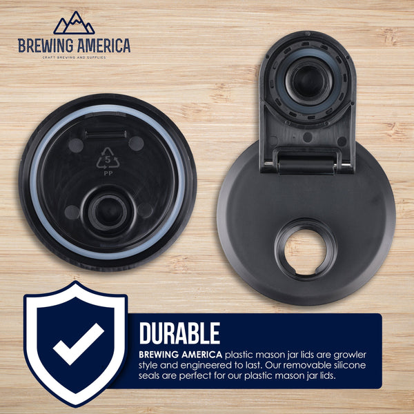 Mason Jar Lids Wide Mouth Plastic 4 Pack Leak Proof with Flip Cap Pouring Spout & Drink Hole Black Accessories Brewing America