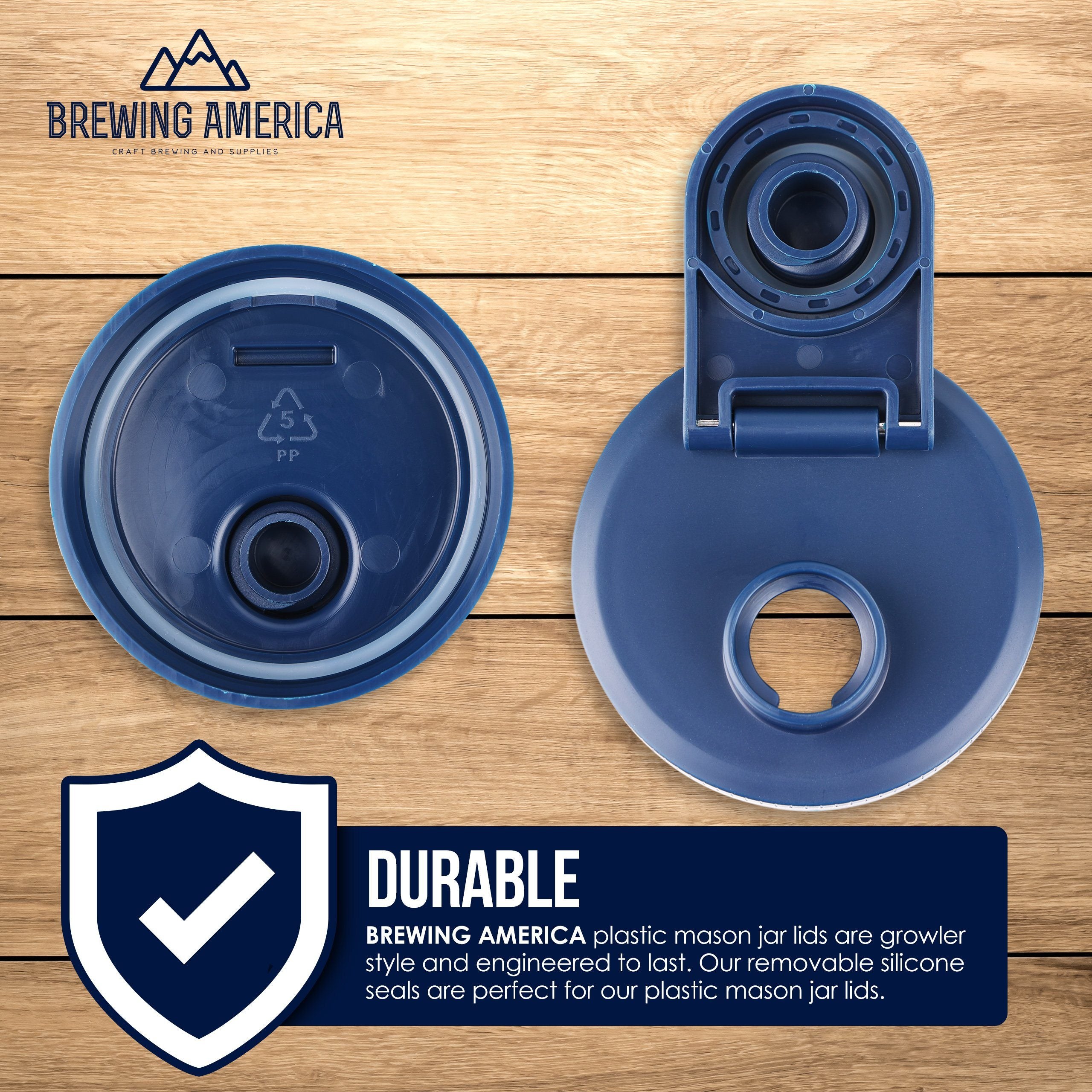 Mason Jar Lids Wide Mouth Plastic 4 Pack Leak Proof with Flip Cap Pouring Spout & Drink Hole Old Glory Blue Accessories Brewing America