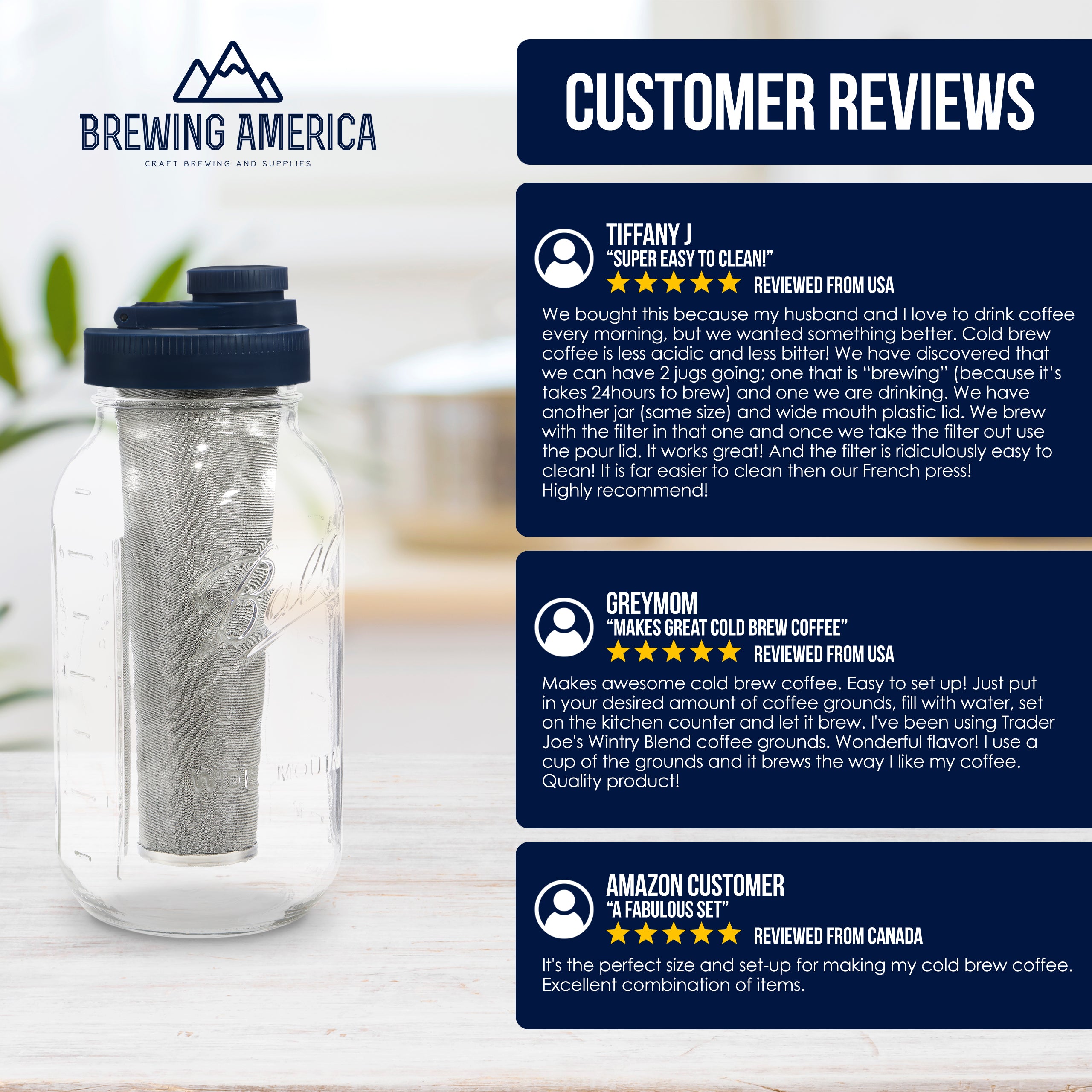 Cold Brew Coffee Maker Kit: Wide Mouth for Coffee, Infused Tea, Alcohol - 2 Quart 64 oz Old Glory Blue Cold Brew Coffee Maker Brewing America