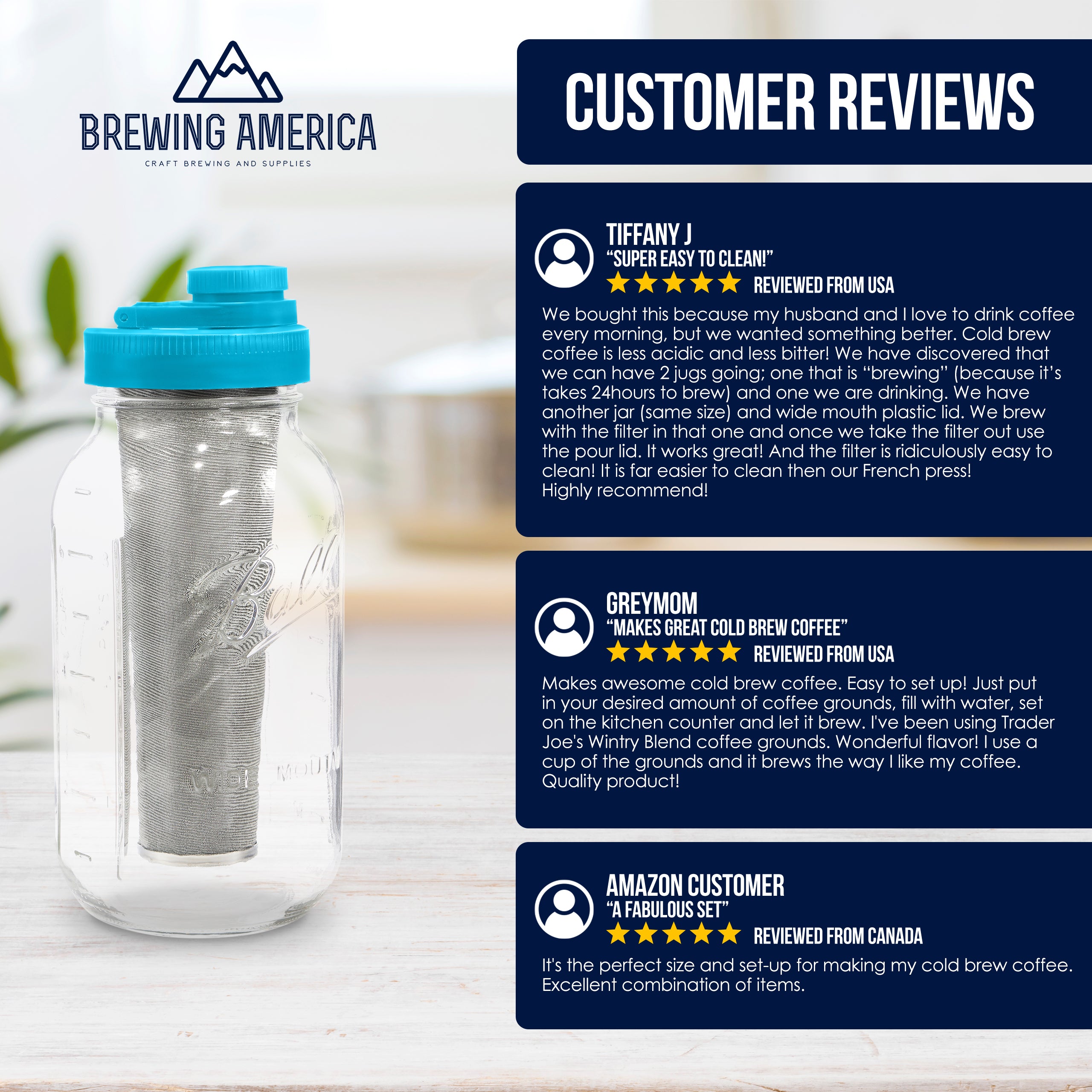 Cold Brew Coffee Maker Kit: Wide Mouth for Coffee, Infused Tea, Alcohol - 2 Quart 64 oz Teal Lid Cold Brew Coffee Maker Brewing America