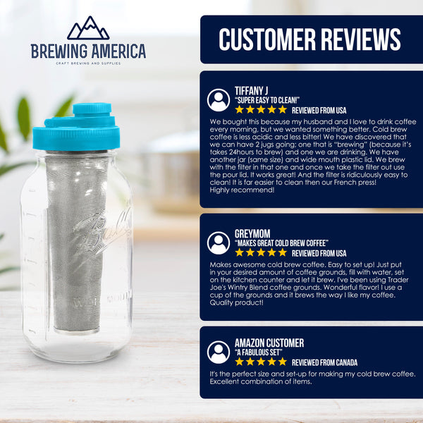 Cold Brew Coffee Maker Kit: Wide Mouth for Coffee, Infused Tea, Alcohol - 2 Quart 64 oz Teal Lid Cold Brew Coffee Maker Brewing America