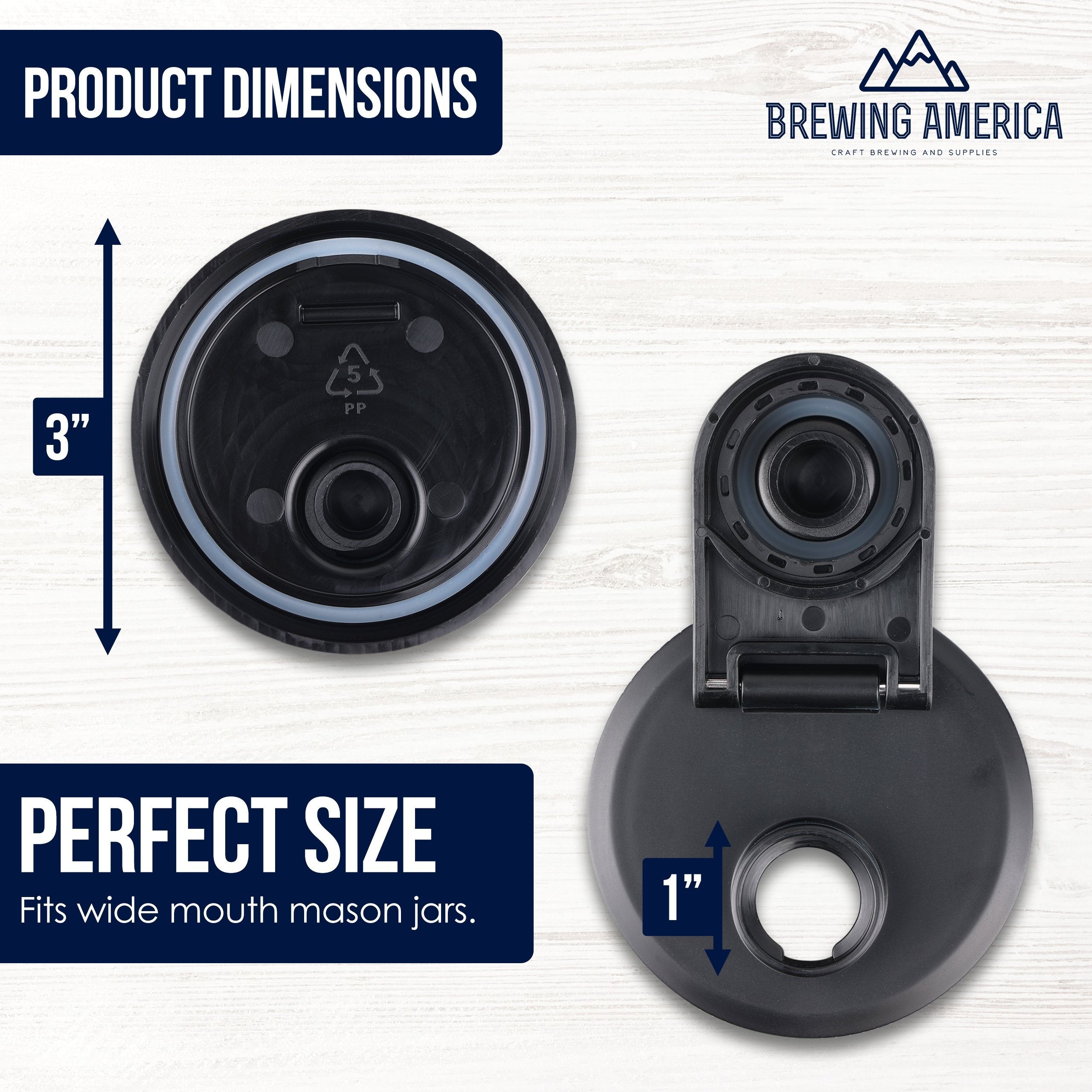 Mason Jar Lids Wide Mouth Plastic 4 Pack Leak Proof with Flip Cap Pouring Spout & Drink Hole Black Accessories Brewing America