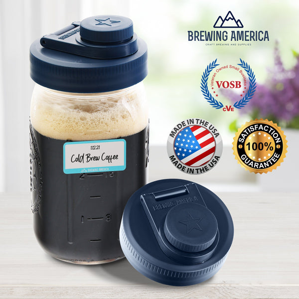 Mason Jar Lids Wide Mouth Plastic 4 Pack Leak Proof with Flip Cap Pouring Spout & Drink Hole Old Glory Blue Accessories Brewing America