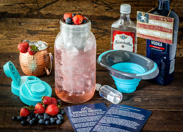 Cold Brew Coffee Maker Kit: Wide Mouth Mason Jar, Filter and Funnel for Clean Brewing and Infused Tea - 2 Quart Teal Lid Brewing America