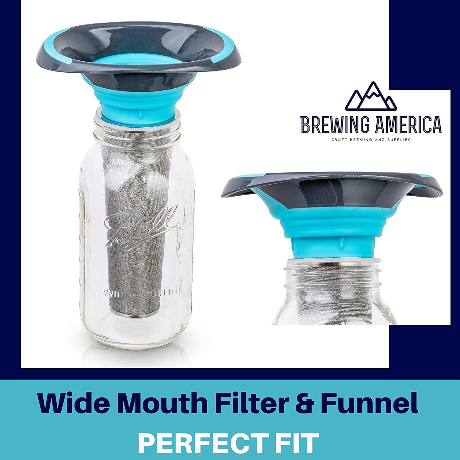 Cold Brew Filter for Mason Jar Wide Mouth Coffee Maker, Stainless Steel (2 Quart (64 Ounces), Teal) Accessories Brewing America