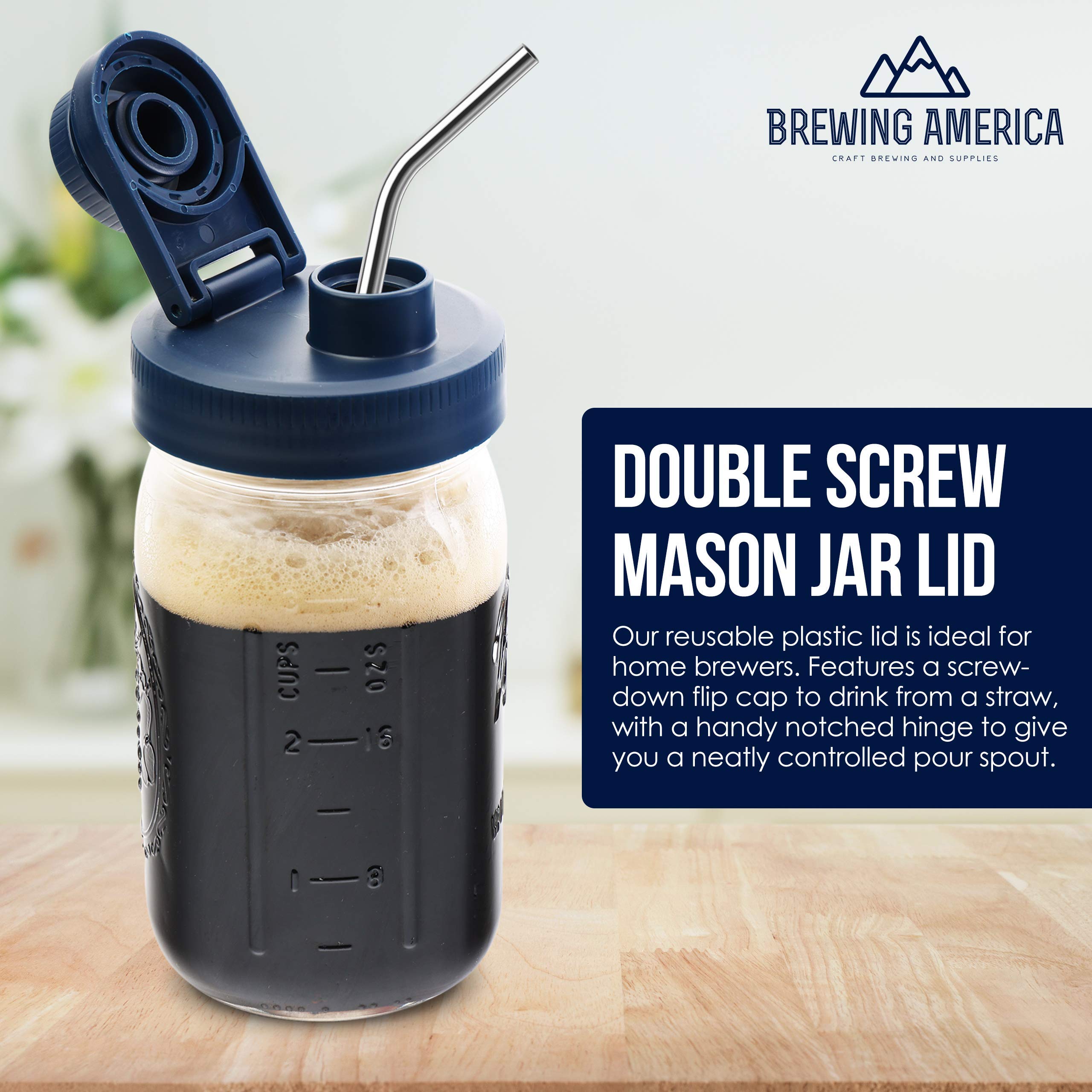 Glass Mason Jar Pitcher with Pour Lids - Ball Jars, 1 Quart (32 oz) Wide Mouth, Old Glory Blue 2-Pack Serving Pitchers & Carafes Brewing America