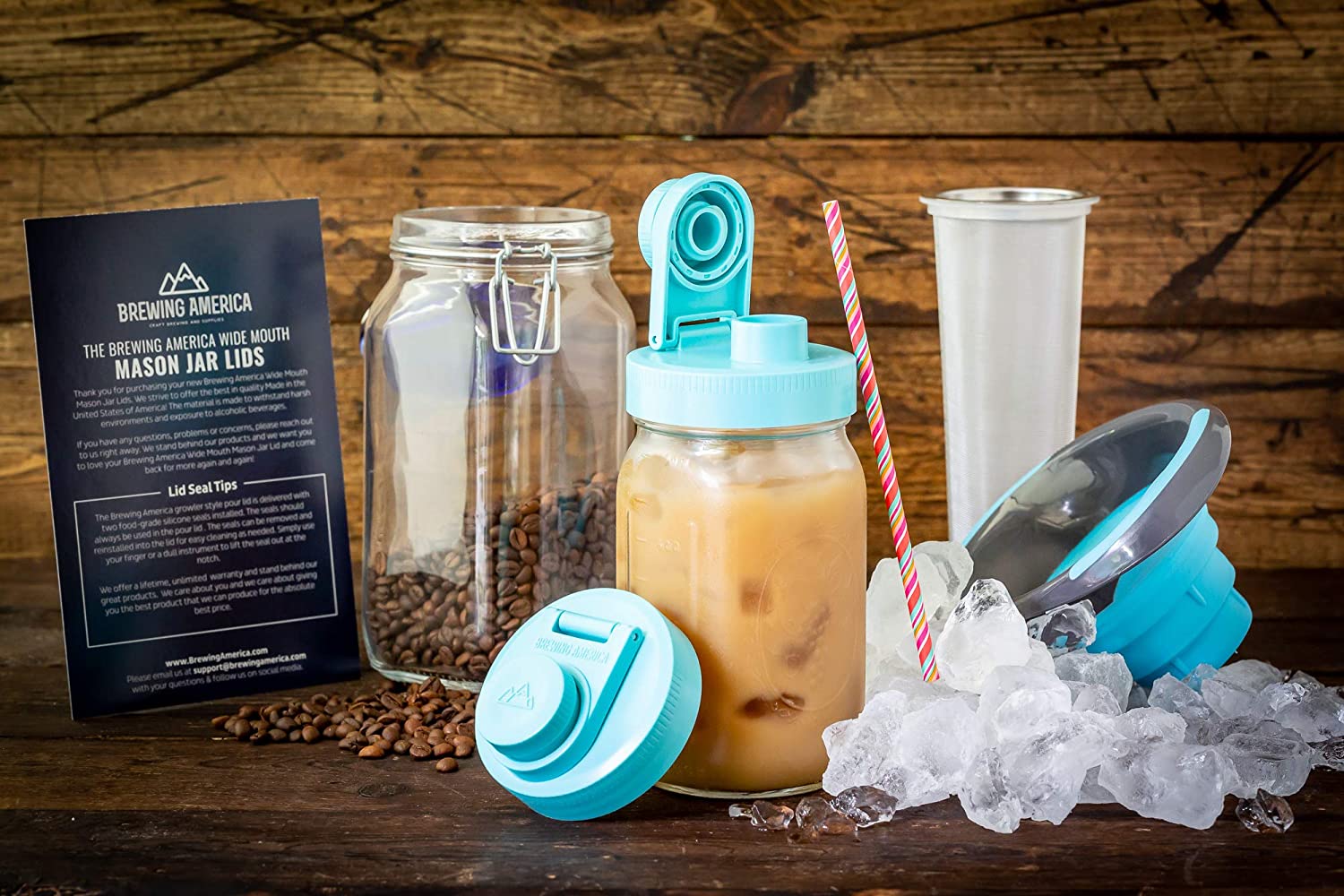 Cold Brew Coffee Maker Kit: Wide Mouth Mason Jar, Filter and Funnel for Clean Brewing and Infused Tea - 2 Quart Teal Lid Brewing America