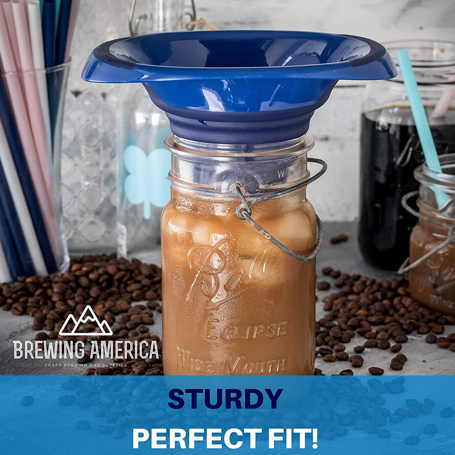 Kitchen Canning Funnel - Wide Mouth Mason Jars Collapsible Silicone for Food, Coffee, Jams, Fruit, Crafts - Blue Accessories Brewing America