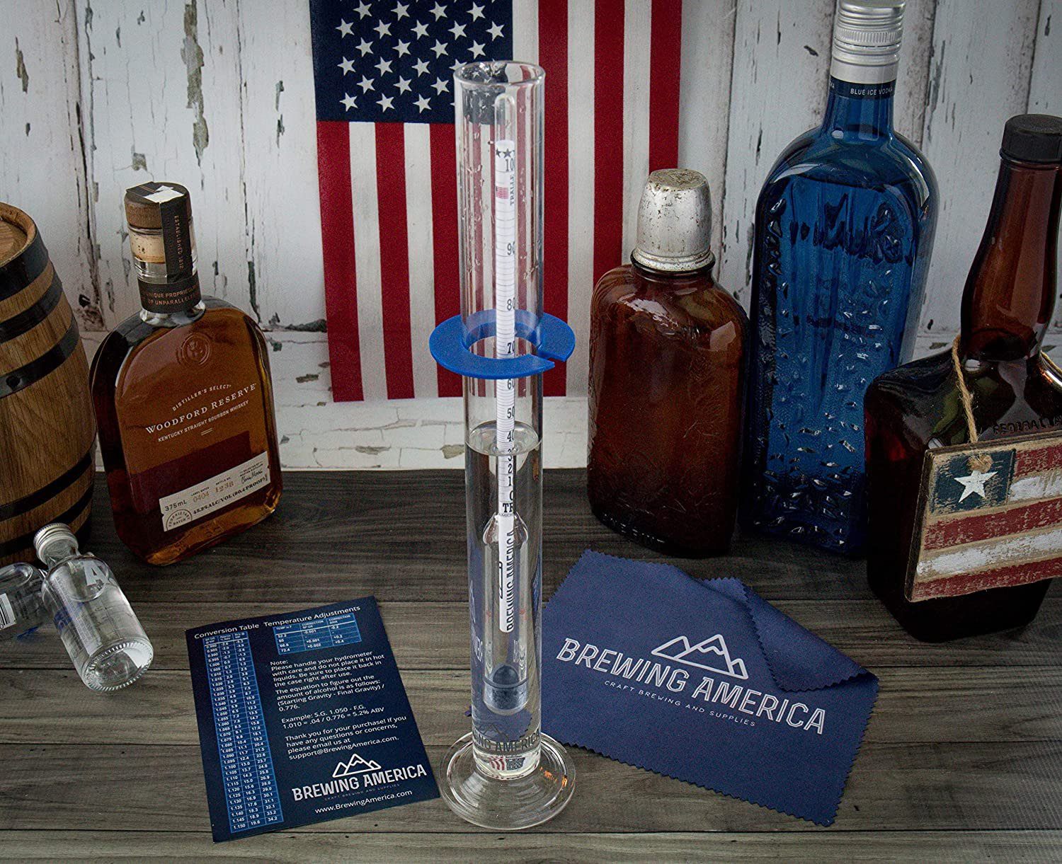 Hydrometer Alcohol Meter Test Kit Distilled Alcohol American-Made 0-200 Proof Pro Series Glass Jar American Hydrometer Test Kits Brewing America