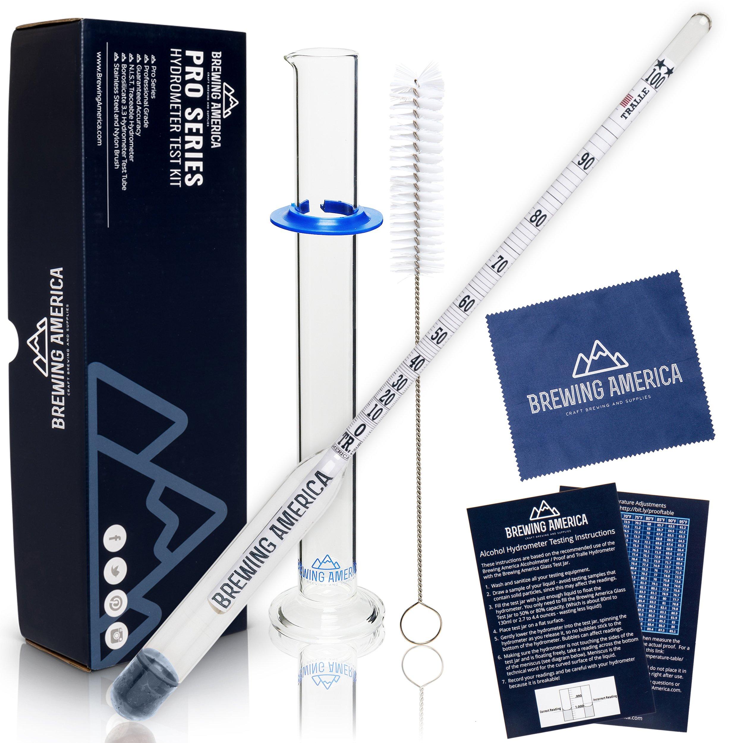 Hydrometer Alcohol Meter Test Kit Distilled Alcohol American-Made 0-200 Proof Pro Series Glass Jar American Hydrometer Test Kits Brewing America