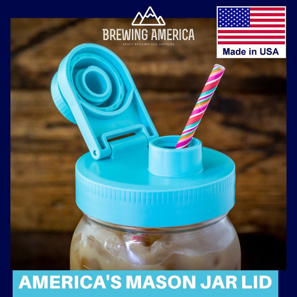 Mason Jar Lids Wide Mouth Plastic 3 Pack Leak Proof with Flip Cap Pouring Spout & Drink Hole Teal Accessories Brewing America