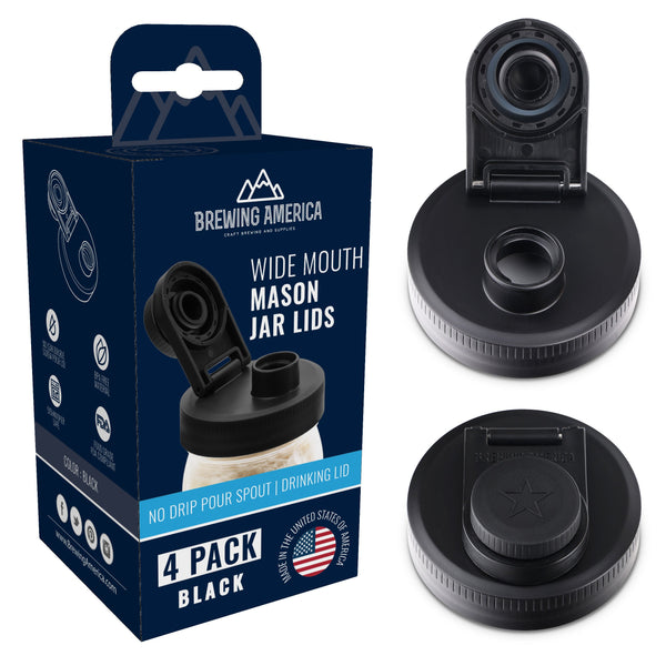 Mason Jar Lids Wide Mouth Plastic 4 Pack Leak Proof with Flip Cap Pouring Spout & Drink Hole Black Accessories Brewing America