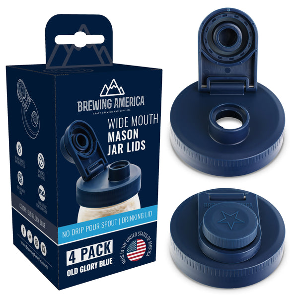 Mason Jar Lids Wide Mouth Plastic 4 Pack Leak Proof with Flip Cap Pouring Spout & Drink Hole Old Glory Blue Accessories Brewing America