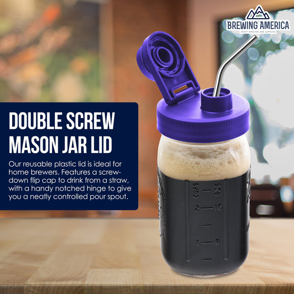 Mason Jar Lids Wide Mouth Plastic 4 Pack Leak Proof with Flip Cap Pouring Spout & Drink Hole Violet Purple Accessories Brewing America