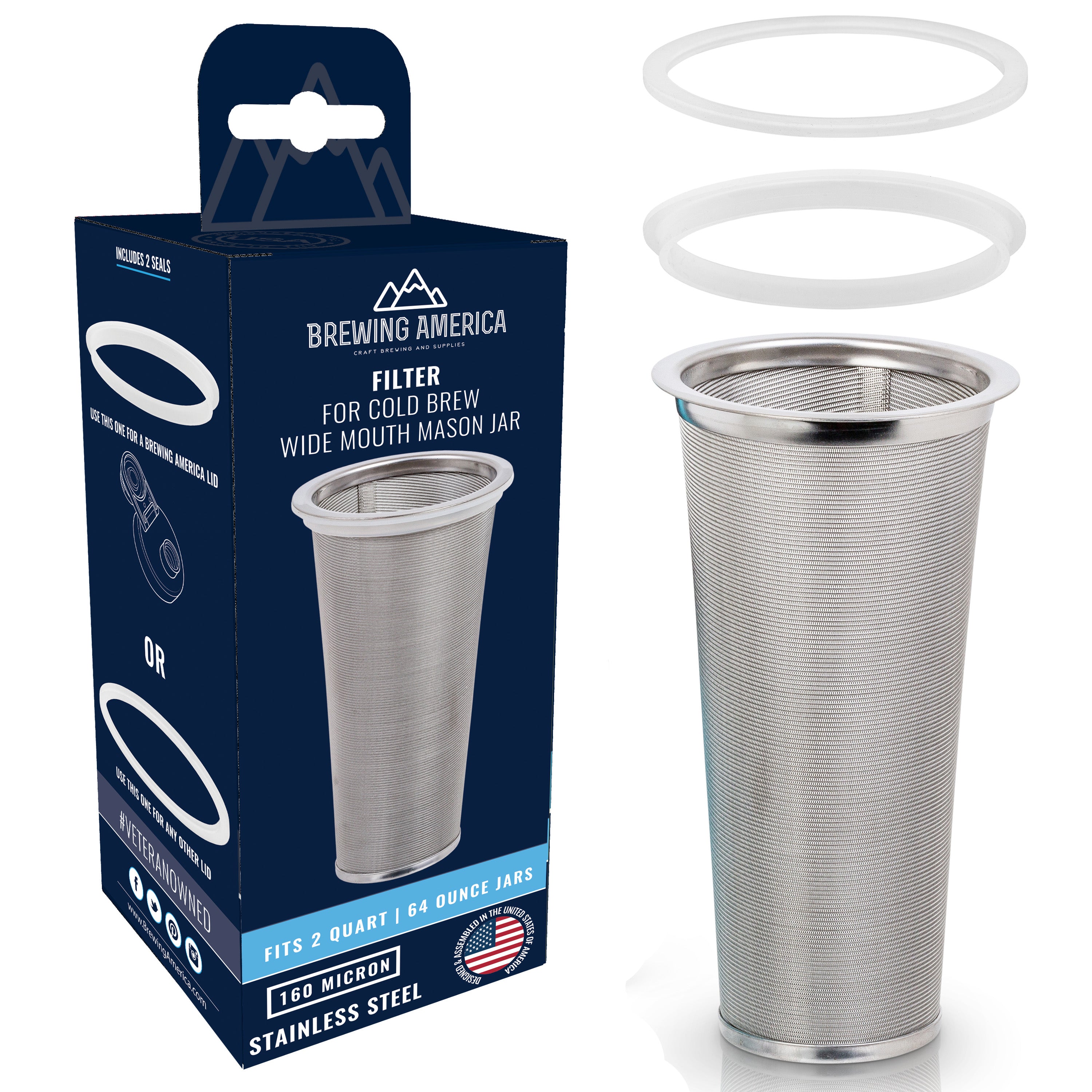 Cold Brew Filter for Mason Jar Wide Mouth Coffee Maker, Stainless Steel (2 Quart (64 Ounces) Accessories Brewing America