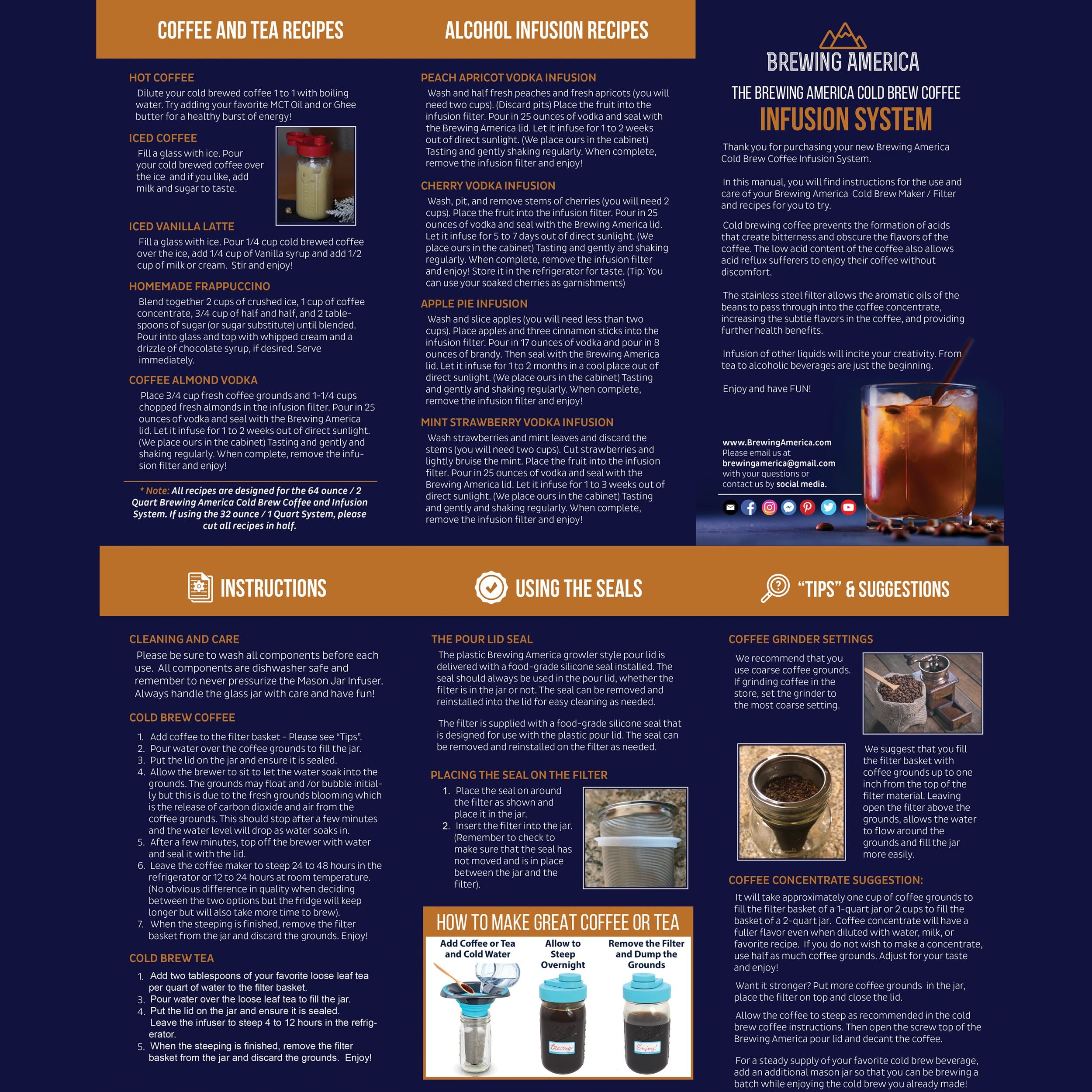 Cold Brew Coffee Maker Kit: Wide Mouth for Coffee, Infused Tea, Alcohol - 2 Quart 64 oz Teal Lid Cold Brew Coffee Maker Brewing America