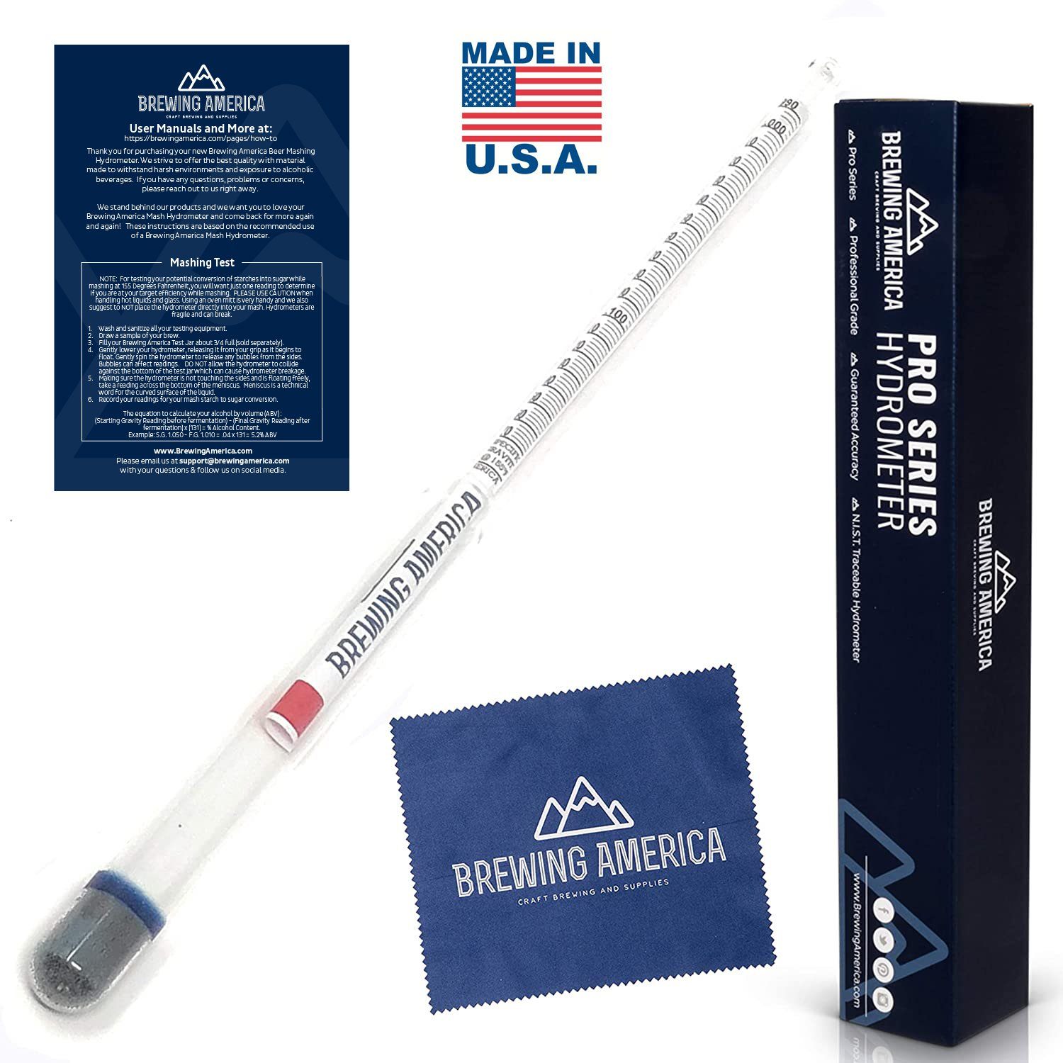 American-Made Beer Mashing Hydrometer Calibrated at 155 Degrees Fahrenheit - Specific Gravity Pro Series Brewing Triple Scale Single Hydrometer Brewing America